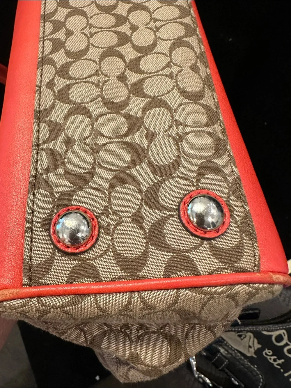 Coach Cadence Legacy Signature Carryall Canvas Tote with Coral Red Leather Trim - Picture 5 of 15